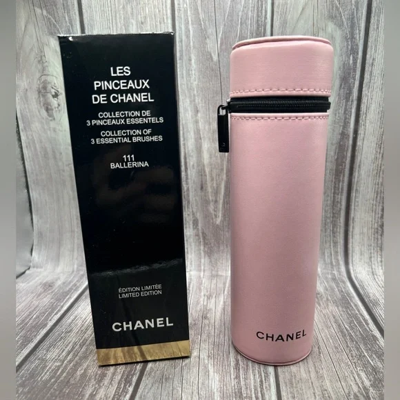 NIB CHANEL Set of 3 Makeup Brushes with Storage Case Bag Ballerina Pink Black CC - Picture 3 of 14